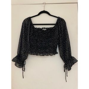 Navy White Polka Dot Puffy Sleeve Blouse